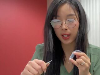 Adorable Asian Medical Student in Glasses and Natural Pussy Fucks Her Tutor and gets Creampied