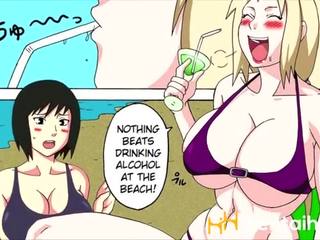 Naruto trío en la playa con tsunade, hinata y sakura