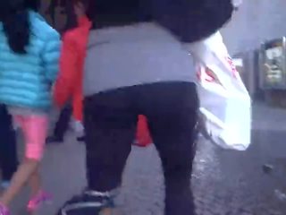 Groovy MILF with Bubble Butt in Black Leggings and Heels Walking 1