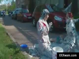 Two gaya milfs involved in paint fight outside